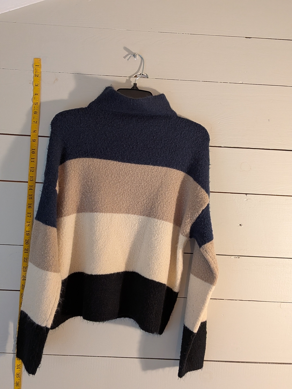 Bold Striped Turtleneck Sweater in Navy, Cream & Tan
